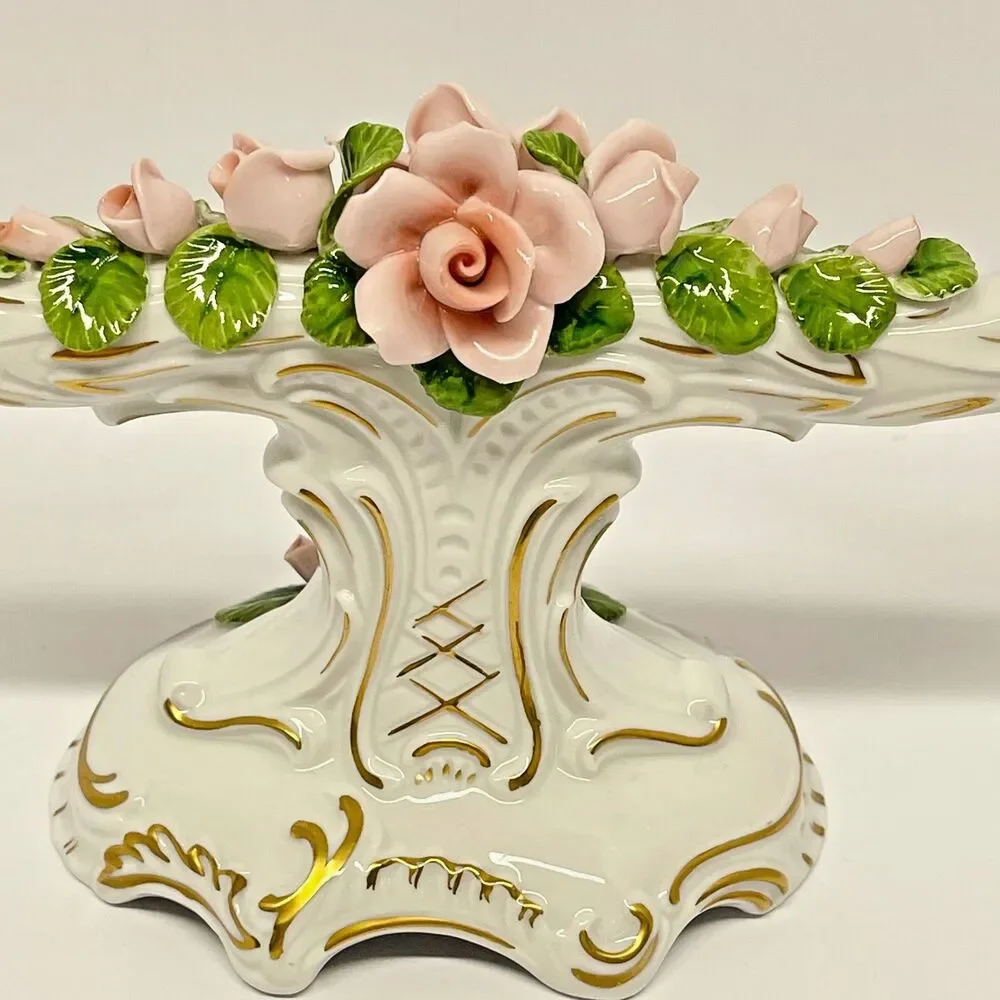 Vintage AK W. Germany Double Porcelain Candle Holder 700–Pink Rose Dresden Style